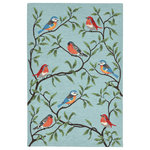 Liora Manne - Ravella Birds On Branches Indoor/Outdoor Rug, Aqua, 5'x7'6" - This hand-hooked area rug features a picturesque scene of colorful song birds birches on delicate tree branches. This nature inspired design will effortlessly compliment any indoor or outdoor space. Made in China from a polyester acrylic blend, the Ravella Collection is hand tufted to create vibrant multi-toned detailed designs with tight textural loops and a high quality finish. The material is flatwoven, weather resistant and treated for added fade resistance, making this area rug perfect for indoor or outdoor placement. This soft, durable area rug is ideal for your patio, sunroom or those high traffic areas such as your kitchen, living room, entryway or dining room. Intricately shaded yarns bring to life the nature inspired designs of this collection that will beautifully accent your home. Limiting exposure to rain, moisture and direct sun will prolong rug life.