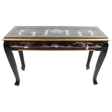 Asian French Red Sofa Table With Mother Of Pearl And Glass Top - 44”W