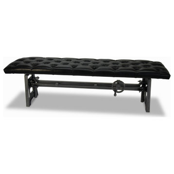 Industrial Dining Bench Seat Cast Iron Base Adjustable Black Leather Top