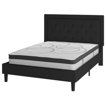 Roxbury Queen Size Tufted Upholstered Platform Bed in Black Fabric with 10...