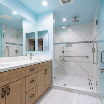 Coastal Modern Bathroom Remodel with Light Oak Vanity and Walk-In Glass Shower