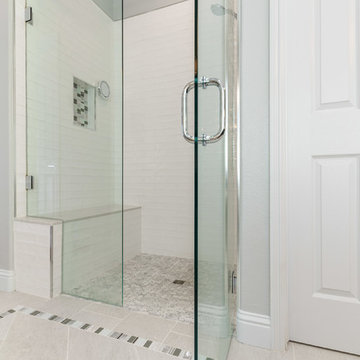 Shabby-Chic Master Bathroom on Montego Lane - Curbless Shower