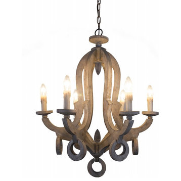 Shabby Chic Candle-Style 6-Light Wooden Chandelier, Weathered Wood