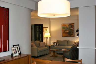 Inspiration for a mid-sized mid-century modern light wood floor dining room remodel in New York with gray walls