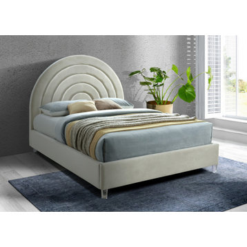Rainbow Velvet Upholstered Bed, Cream, Full