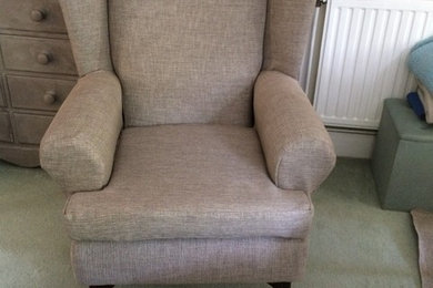 pink to grey wing back chair