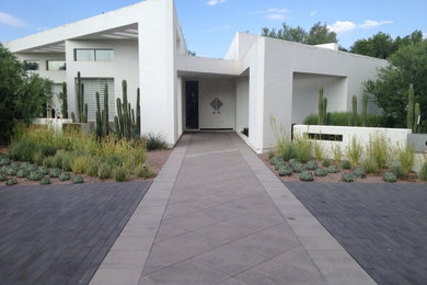 Inspiration for a contemporary concrete floor entryway remodel in Phoenix with white walls and a white front door