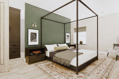 Diseño de dormitorio principal campestre de tamaño medio con paredes verdes, suelo de madera clara y suelo beige