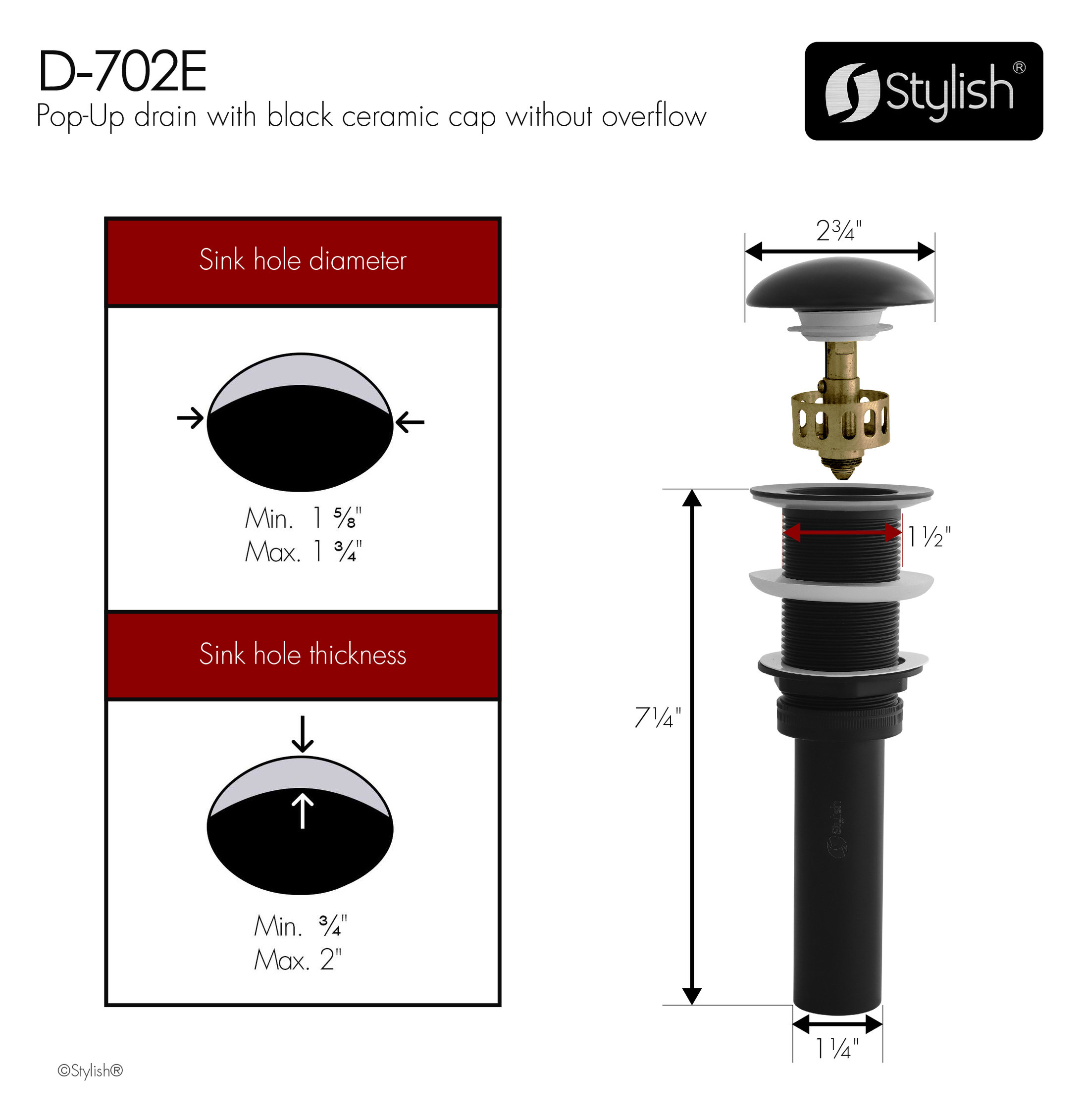 STYLISH Vessel Sink Pop-Up Drain with black ceramic cap without overflow