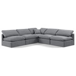 Meridian Furniture - Indulge Upholstered Modular L-Shaped Sectional, Grey, 5-Piece: 4 Armless Chair, 1 Corner Chair, Down Stuffed Velvet - Experience ultimate comfort and style with our grey velvet Indulge Sectional. The luxurious velvet will elevate the aesthetic of any room. This sofa provides ample space for you to relax while its modular build offers the option of unlimited configurations. Whether you're looking to add a stylish element to your living room or a comfortable seating option to your bedroom, this sofa is the perfect choice.