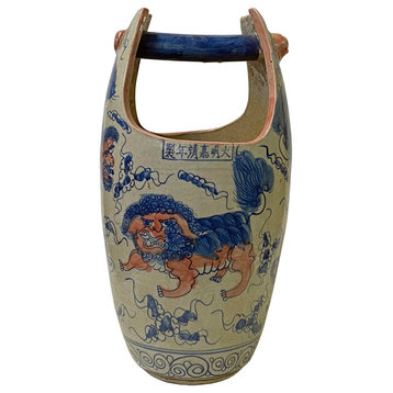 Chinese Beige Foo Dog Ceramic Bucket Shape Pot Planter Vase Hws2809