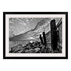 "Black And White Broken Sea Wall Sunset Cloud Wave" Black Framed Art Print, 4