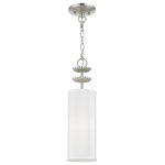 Livex Lighting - Livex Lighting 1 Brushed Nickel Mini Pendant - The single light brushed nickel finish Brookdale mini pendant combines floral details and casual elements to create an updated look. The hand-crafted off-white fabric hardback drum shade is set off by an inner silky white fabric which creates a versatile effect.