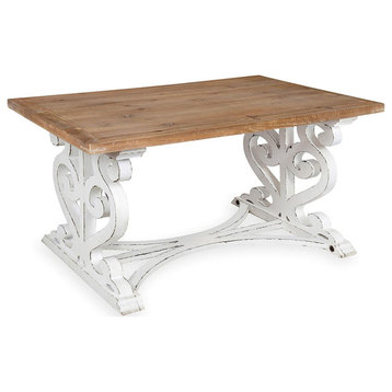 Rustic Coffee Table, Scrolled Accented Base & Large Top, Distressed White/Brown