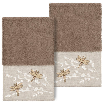Linum Home Turkish Cotton Braelyn 2-Piece Embellished Hand Towel Set, Latte