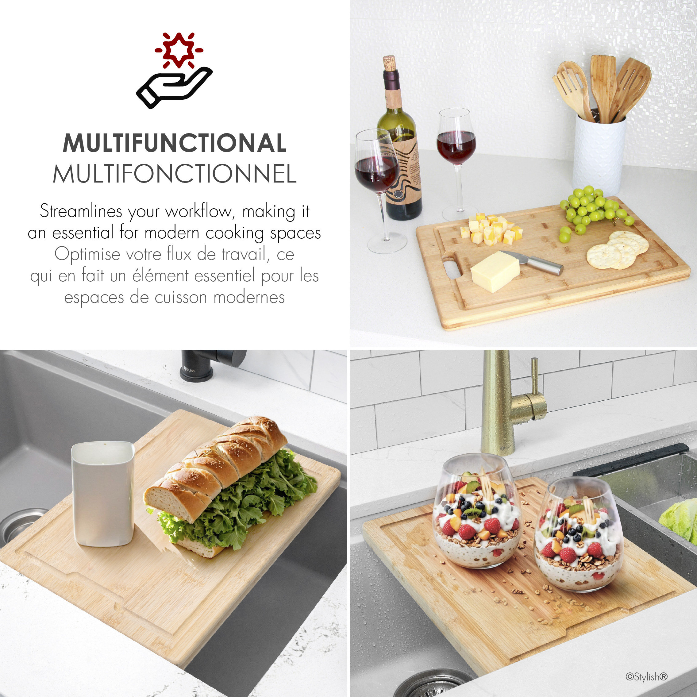 STYLISH 15 1/8" Bamboo Workstation Cutting Board