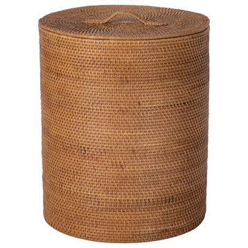 Loma Round Rattan Hamper and Laundry Basket With Removable liner, Honey Brown