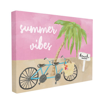 Summer Vibes Bike Pink Green Beach Ocean Design, 24"x30", Canvas Art