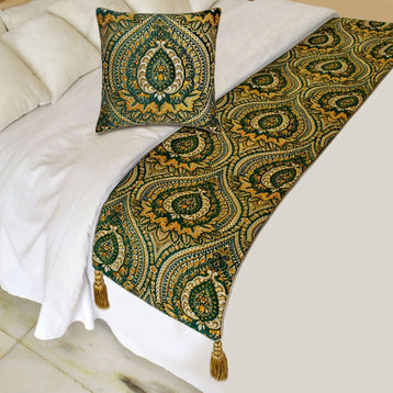 Luxury Green Jacquard Queen 74"x18" Bed Runner, Damask, tassels- Damask Tapestry