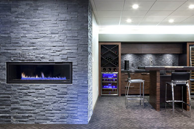 Example of a mid-sized trendy carpeted basement design in Other with gray walls and a stone fireplace