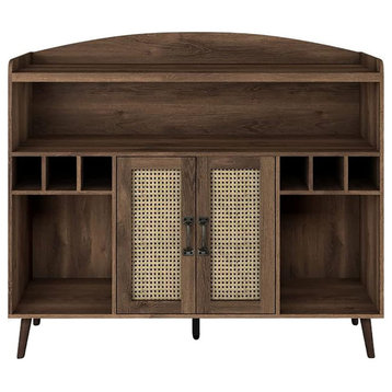 Midcentury Sideboard, Doors With Rattan Front & Ample Storage, Distressed Walnut