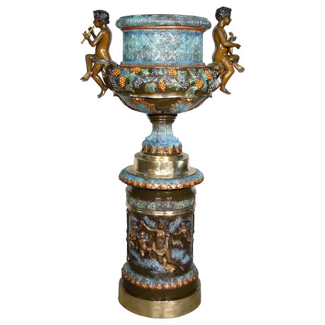 Large Decorative Bronze Urn With Cherub Handles, Special Patina Finish