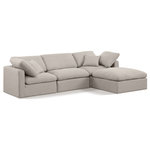 Meridian Furniture - Indulge Upholstered Modular L-Shaped Sectional, Beige, 4-Piece: 1 Armless Chair, 2 Corner Chair, 1 Ottoman, Down Stuffed Linen Textured Fabric - Experience ultimate comfort and style with our beige linen textured fabric Indulge Sectional. The luxurious linen texture of the fabric will elevate the aesthetic of any room. This sofa provides ample space for you to relax while its modular build offers the option of unlimited configurations. Whether you're looking to add a stylish element to your living room or a comfortable seating option to your bedroom, this sofa is the perfect choice.