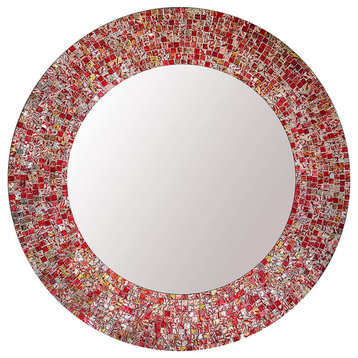 24" Traditional Decorative Mosaic Wall Mirror, Red/Silver