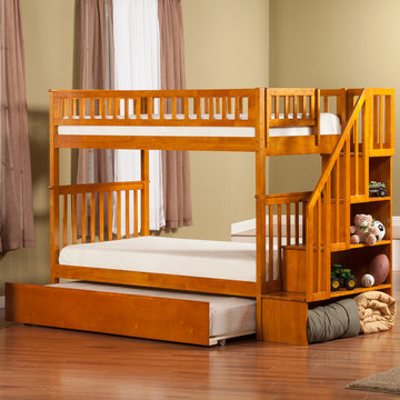 Woodland Staircase Twin over Twin Bunk Bed | Raised Panel Drawers | Caramel Latt