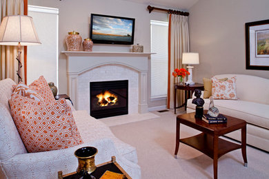 Living room - small transitional open concept carpeted living room idea in Detroit with beige walls, a standard fireplace, a stone fireplace and a wall-mounted tv