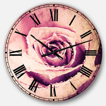 Purple Wet Rose Background Flowers Round Metal Wall Clock, 23x23