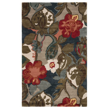 Floral and Leaves Pattern Wool and Art Silk Blue Area Rug, Dress Blues, 9'x12'