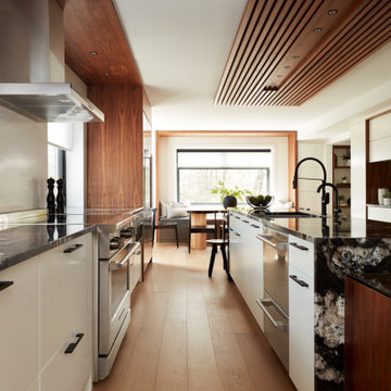 Walnut & White Kitchen with Stunning Slatted Ceiling Accent