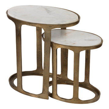 "Nikki" 2-Piece Aluminum Nesting Table Set, Oval Shaped with Marble Top
