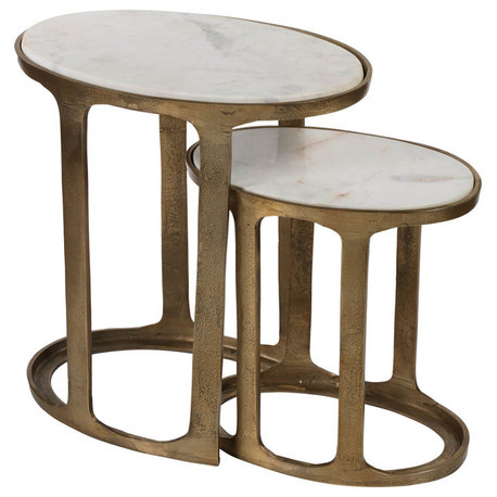 "Nikki" 2-Piece Aluminum Nesting Table Set, Oval Shaped with Marble Top