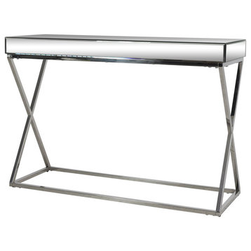 Modern Glam Console Table, Silver Base With X-Shaped Sides & Beveled Mirror Top