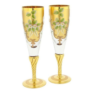 GlassOfVenice Set Of Two Murano Glass Wine Glasses 24K Gold Leaf - Golden  Brown 