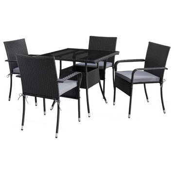 Parksville Square Patio Dining Set, Stackable Chairs Black/Ash Grey Cushions 5pc