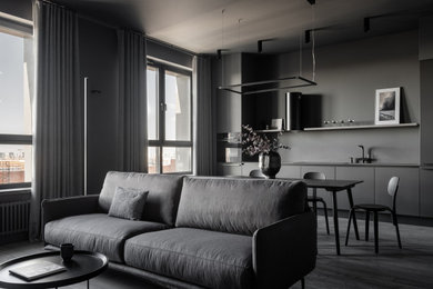 Großes Industrial Wohnzimmer in grau-weiß mit grauer Wandfarbe, braunem Holzboden und grauem Boden in Moskau