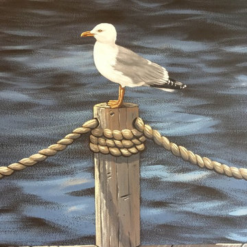 New England Harbor Town Mural, hand painted throughout a lower level