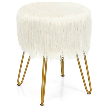 Costway Faux Fur Vanity Chair Makeup Stool Furry Padded Seat Round Ottoman