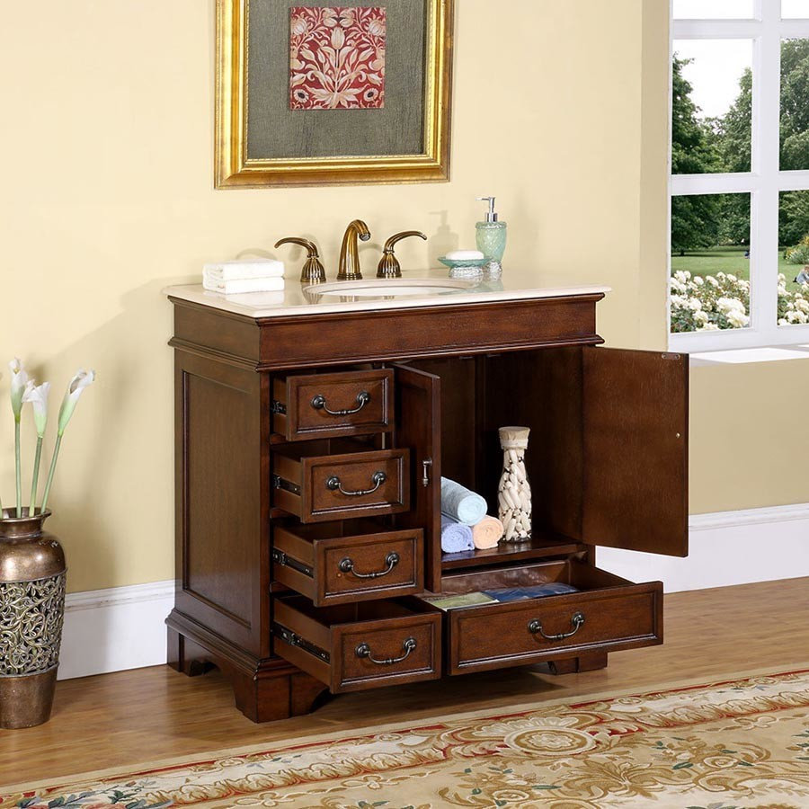 36 Inch Dark Brown Bathroom Vanity with Single Sink, Marble ...