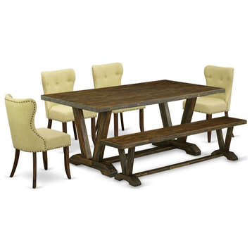East West Furniture V-Style 6-piece Wood Dining Room Set in Brown/Limelight