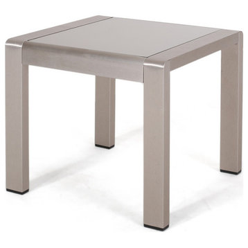 Giovanna Outdoor Aluminum Side Table With Glass Top, Silver Finish/Matte Gray