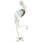 HS Seashells - Wading Stork with Inlaid Capiz Shell Stand 28.75x10.5x4.5" - Calmly balancing on its own talons, this eye-catching stork is a welcome addition to any home or office! Inlaid with glistening natural capiz shell, the metal art piece stands at 30" tall and its subtle colors of blue, brown, cream and a touch of light pink fit into almost any decor. Facing to the right, this stork looks great alone or with its left-facing smaller counterpart (sold separately). Makes a great gift!