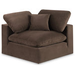 Meridian Furniture - Comfy Beige Linen Textured Fabric Modular Chair, Brown, Velvet, Corner Chair - Give your space a whole new look with this brown Comfy velvet corner chair. This handsome chair fits nicely with other items in the Comfy collection and is a versatile seating option designed for adaptability, comfort and style. Wrapped in rich brown durable velvet upholstery, this chair offers a plush embrace of overstuffed down feather cushions, carefully crafted to deliver the highest level of comfort. The perfect seat for creating an oasis for relaxation, this chair has thick foam surrounding its frame for added support and coziness.