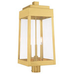 Livex Lighting - Livex Lighting Satin Brass 3-Light Outdoor Post Top Lantern - This updated industrial design comes in a tapering solid brass satin brass frame with a sleek, straight-lined look and features clear glass panels.