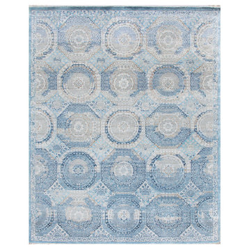 Fine Mamluk Hand-Knotted Bamboo Silk and Cotton Blue Area Rug, 9'x12'