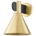 Hudson Valley - Cranston 1-Light Wall Sconce, Aged Brass - An arched black beam pierces through an Aged Brass cylindrical arm, connecting the conical shade to a round backplate to create the Cranston sconce's unique architectural design. Available as a 1-light or a 2-light.