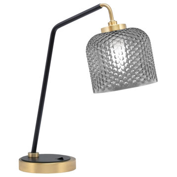 1-Light Desk Lamp, Matte Black/New Age Brass Finish, 6" Smoke Textured Glass